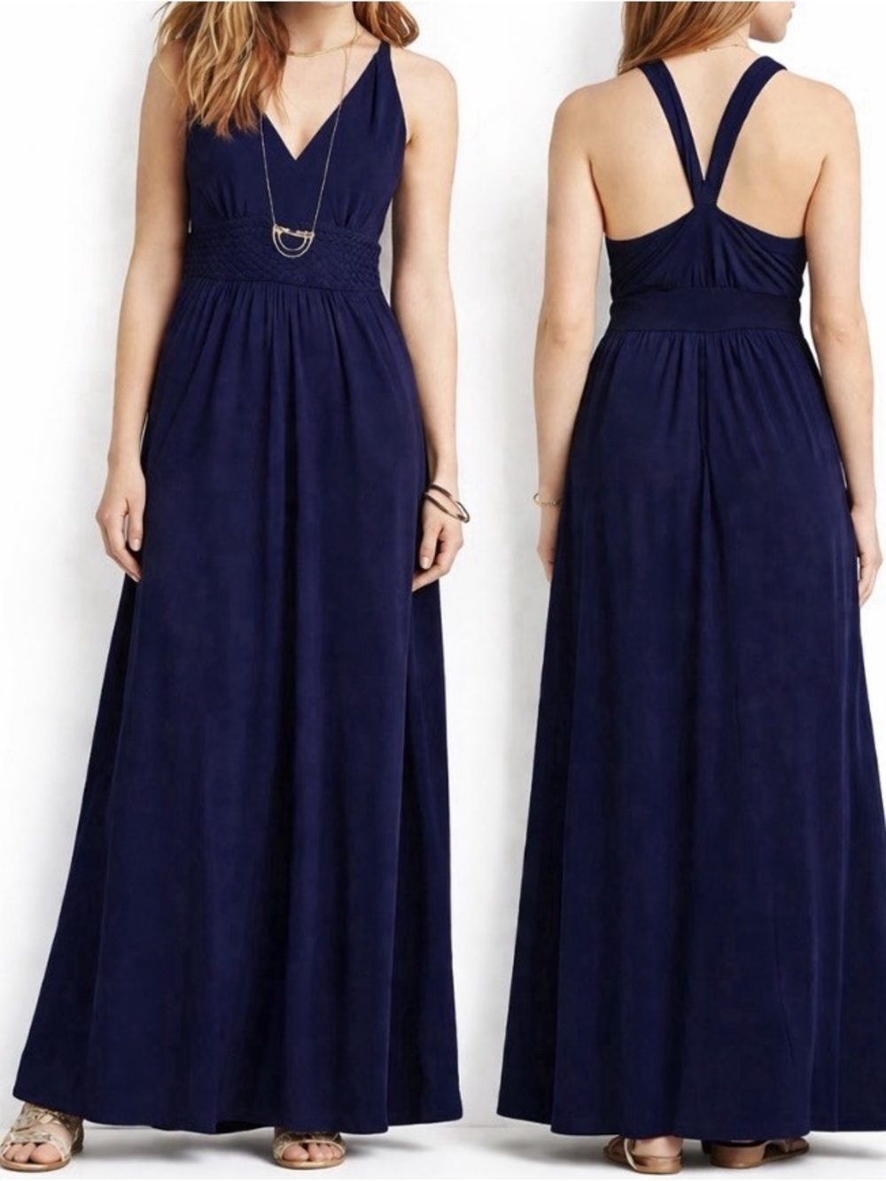 Anthropologie Maeve Yuma Maxi Dress Navy Basketweave Waist Size 4 Pockets